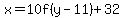 x=10f%28y-11%29%2B32