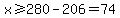 x%3E=280-206=74