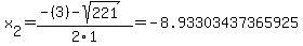 x%5B2%5D+=+%28-%283%29-sqrt%28+221+%29%29%2F2%5C1+=+-8.93303437365925