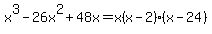 x%5E3-26x%5E2%2B48x+=+x%28x-2%29%28x-24%29