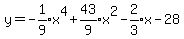 y+=+expr%28-1%2F9%29x%5E4+%2B+expr%2843%2F9%29x%5E2+-+expr%282%2F3%29x+-28