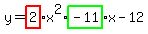 y+=+highlight%282%29x%5E2+%2A+highlight_green%28-+11%29x+-+12