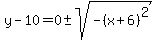y-10=0+%2B-+sqrt%28-%28x%2B6%29%5E2%29