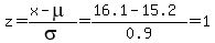 z=%28x-mu%29%2Fsigma=%2816.1-15.2%29%2F0.9=1