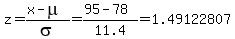 z=%28x-mu%29%2Fsigma=%2895-78%29%2F11.4+=+1.49122807