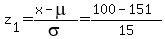 z%5B1%5D=%28x-mu%29%2Fsigma=%28100-151%29%2F15